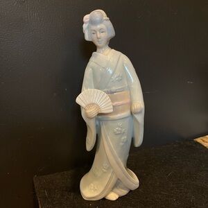 Vintage Porcelain Geisha Woman in Kimono with Fan Figurine Statue Made In Japan